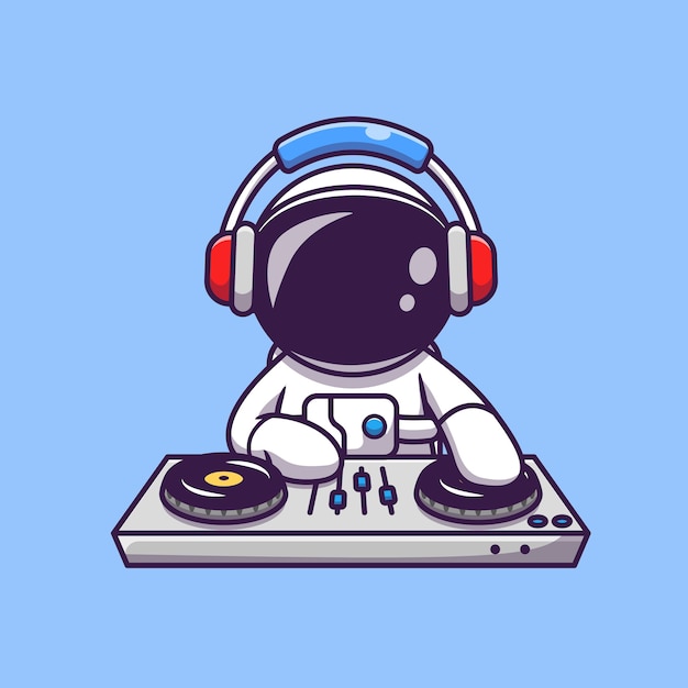 Cute Astronaut Playing DJ Electronic Music With Headphone Cartoon  Icon Illustration. Science Technology Icon Concept 