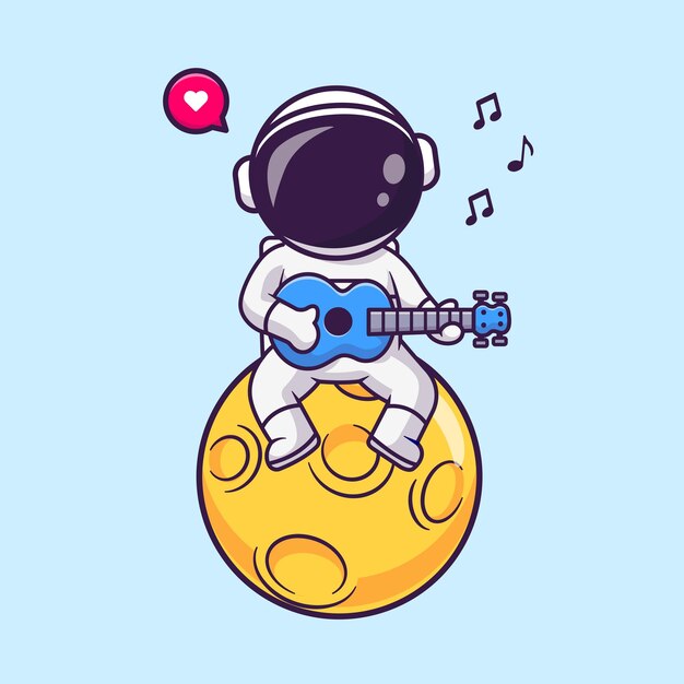 Cute Astronaut Playing Guitar Music On Moon Cartoon Vector Icon Illustration. Science Music Isolated