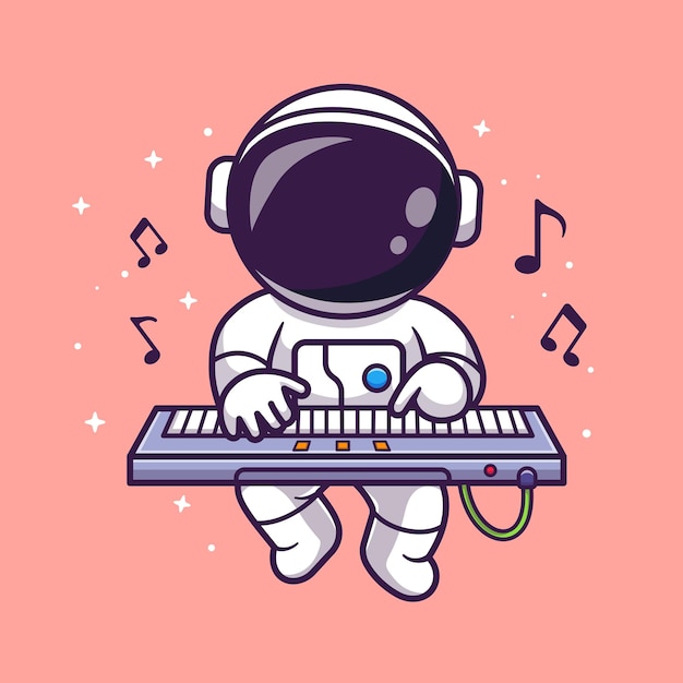 Cute Astronaut Playing Keyboard Music Piano In Space Cartoon Vector Icon Illustration. Science Music