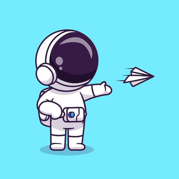 Cute Astronaut Playing Paper Plane Cartoon Vector Icon Illustration Science Technology Isolated Flat