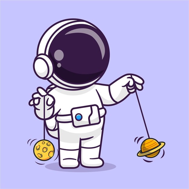 Cute Astronaut Playing Planet And Moon Yoyo Cartoon Vector Icon Illustration Science Sport Icon