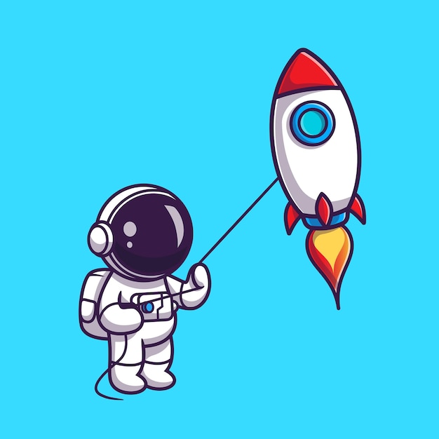 Cute Astronaut Playing Rocket Kite Cartoon