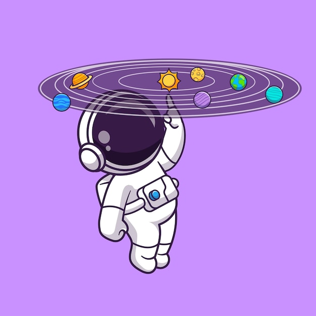 Cute Astronaut Playing With Planet And Sun In Space Cartoon Vector Icon Illustration Science Techno