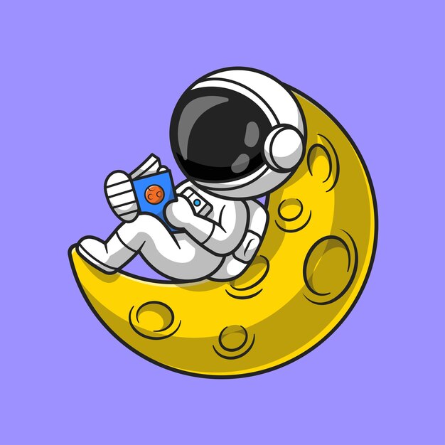 Cute Astronaut Reading Book On Moon Cartoon Vector Icon Illustration. Technology Education Icon Concept Isolated Premium Vector. Flat Cartoon Style