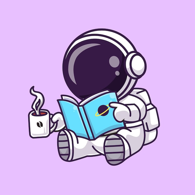 Cute Astronaut Reading Book With Coffee Cartoon Vector Icon Illustration Science Education Isolated