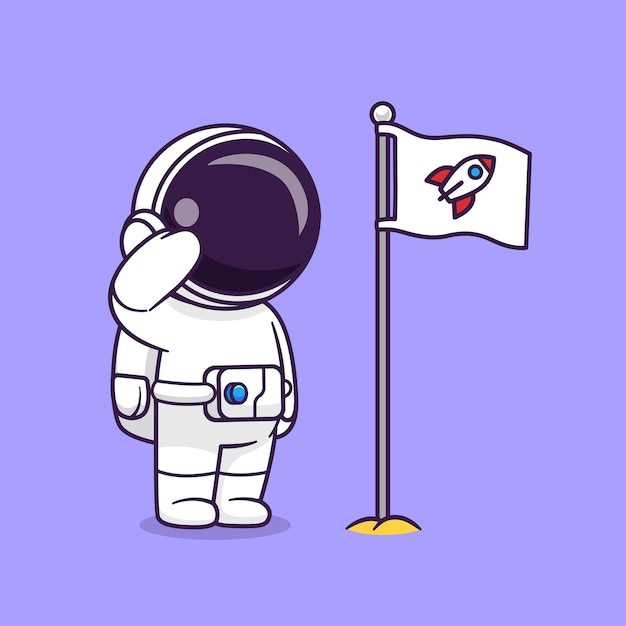 Cute Astronaut Respect Rocket Flag Cartoon Vector Icon Illustration Science Technology Icon Concept