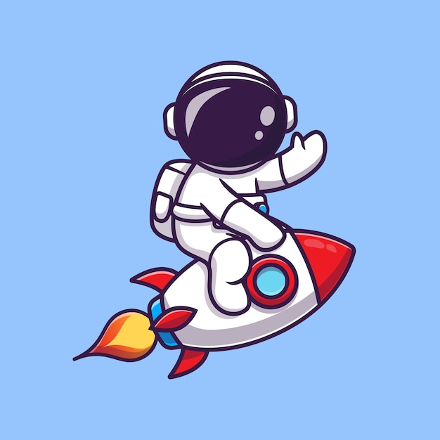 Cute Astronaut Riding Rocket And Waving Hand Cartoon  Icon Illustration. Science Technology Icon Concept 