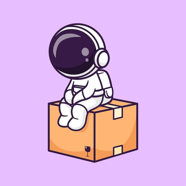 Free vector cute astronaut sitting on cardboard box cartoon vector icon illustration science object isolated