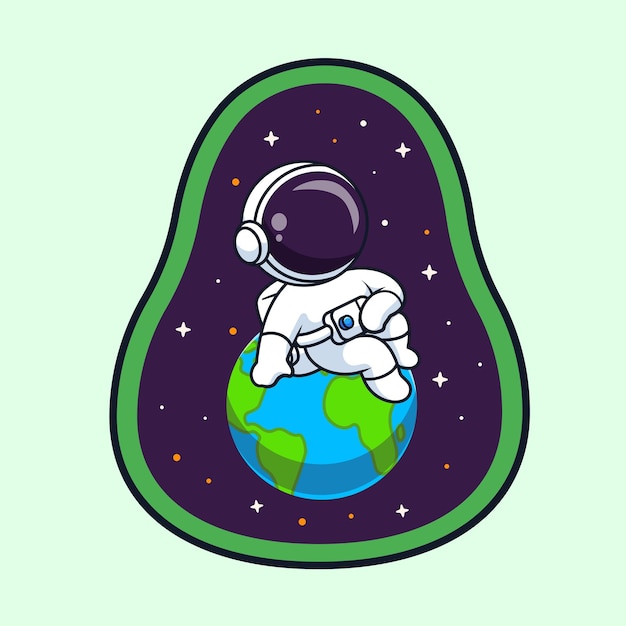 Free Vector cute astronaut sitting on earth in avocado space cartoon vector icon illustration science techno