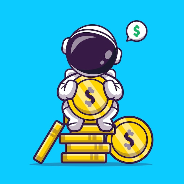 Cute Astronaut Sitting On Gold Coin Cartoon Vector Icon Illustration Science Business Icon Isolated