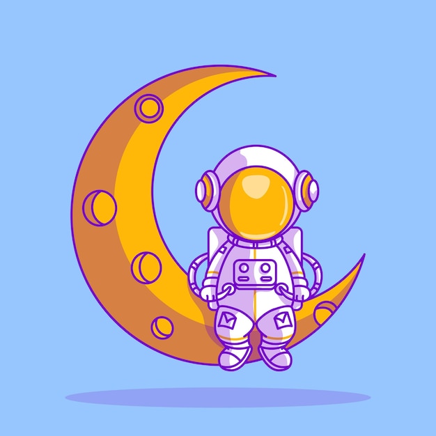 Cute astronaut sitting on a moon icon illustration