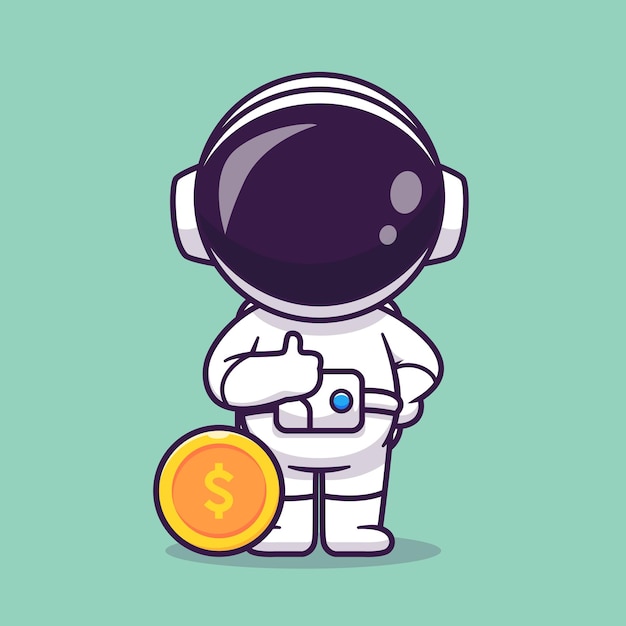 Cute Astronaut Thumbs Up WIth Gold Coin Cartoon Vector Icon Illustration Science Business Isolated