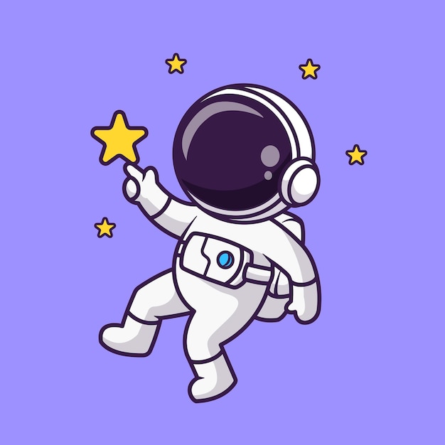 Cute Astronaut Touching Star In Space Cartoon Vector Icon Illustration. Science Technology Isolated