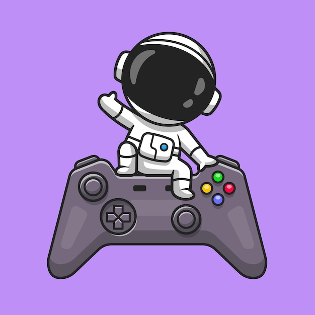 Free Vector cute astronaut waving hand on game controller cartoon vector icon illustration. technology science icon concept isolated premium vector. flat cartoon style