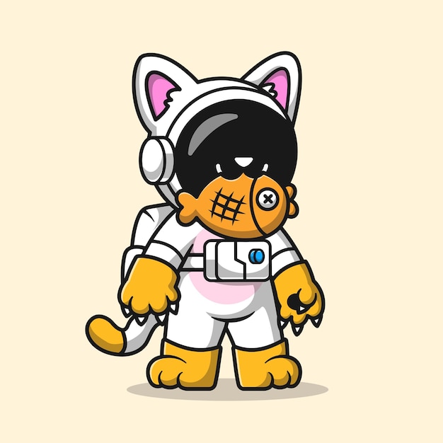 Free vector cute astronaut wearing cat costume with fish cartoon vector icon illustration science animal flat