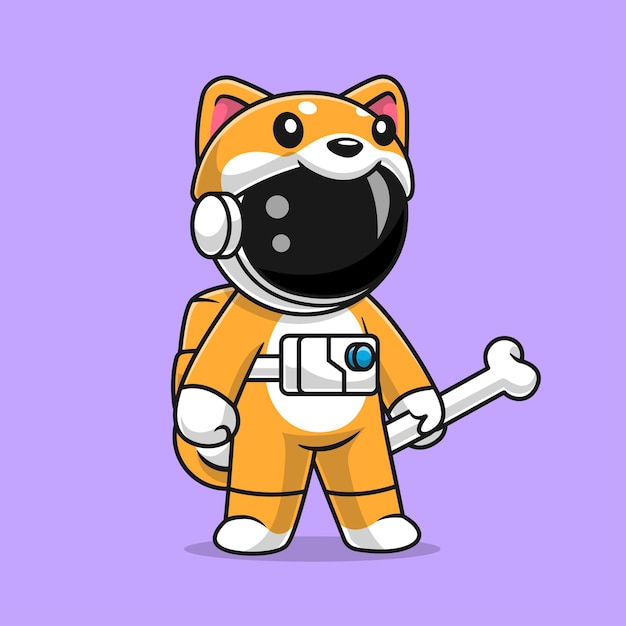 Free Vector cute astronaut wearing shiba inu dog costume with bone cartoon vector icon illustration science