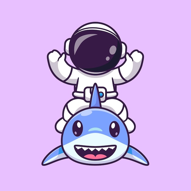 Cute Astronaut With Cute Shark Cartoon Vector Icon Illustration. Science Animal Icon Concept Isolated Premium Vector. Flat Cartoon Style