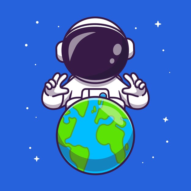 Cute Astronaut With Earth In Space Cartoon Vector Icon Illustration. Technology Science Icon Concept Isolated Premium Vector. Flat Cartoon Style