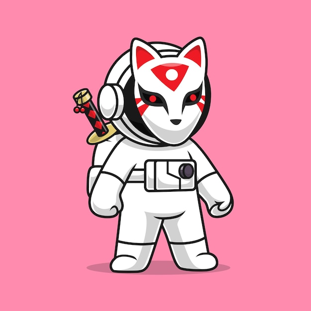 Free Vector cute astronaut with kitsune mask katana sword cartoon vector icon illustration science holiday flat