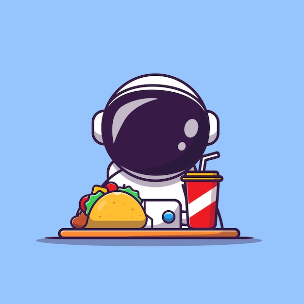 Cute Astronaut With Taco And Soda Cartoon Illustration. Science Food And Drink Concept. Flat Cartoon Style