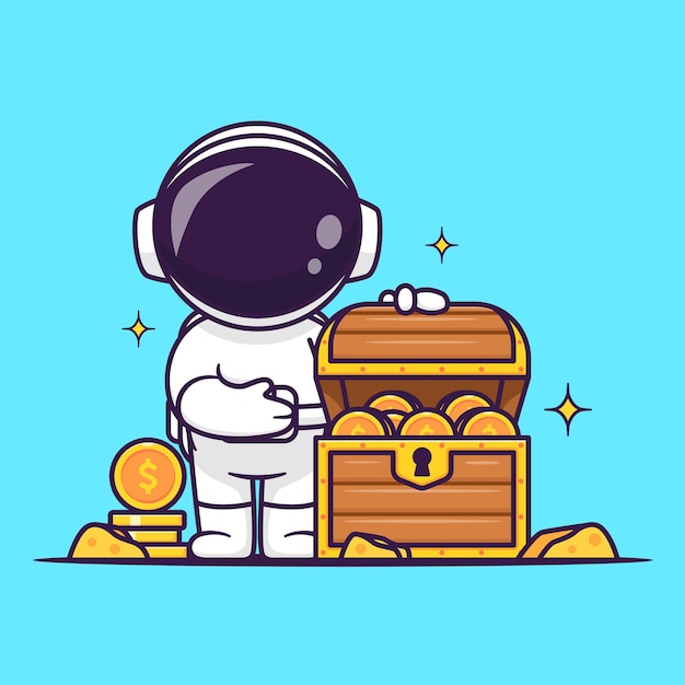 Cute Astronaut With Treasure Gold Coin Cartoon Vector Icon Illustration Science Finance Isolated