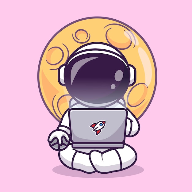 Cute Astronaut Working On Laptop On Moon Cartoon Vector Icon Illustration. Science Technology Icon