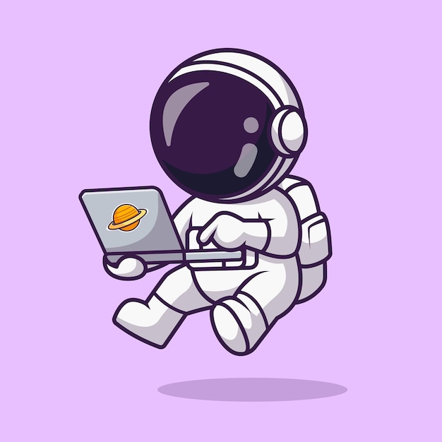 Cute Astronaut Working On Laptop In Space Cartoon Vector Icon Illustration. Science Technology Icon