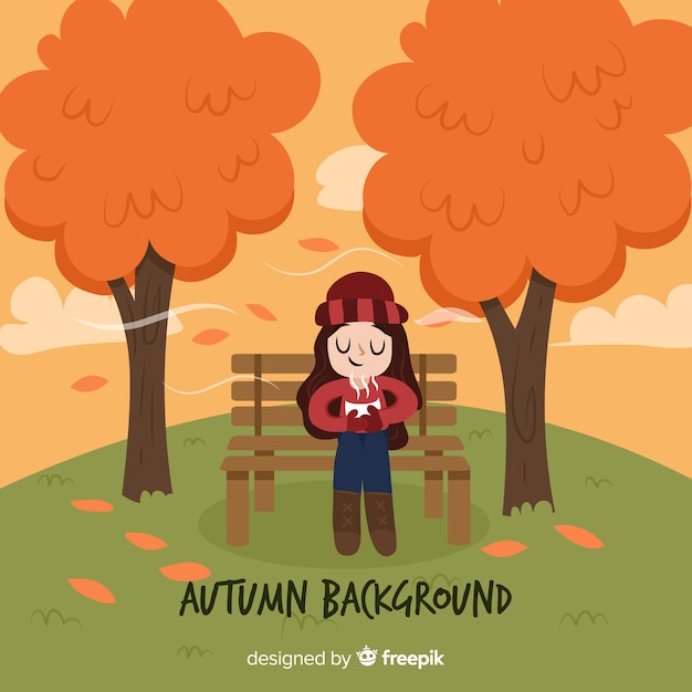 Free Vector cute autumn background with girl drinking tea