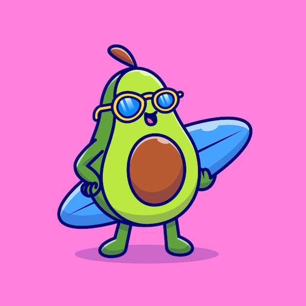 Free Vector cute avocado with surfboard cartoon   icon illustration. food holiday icon   isolated    . flat cartoon style