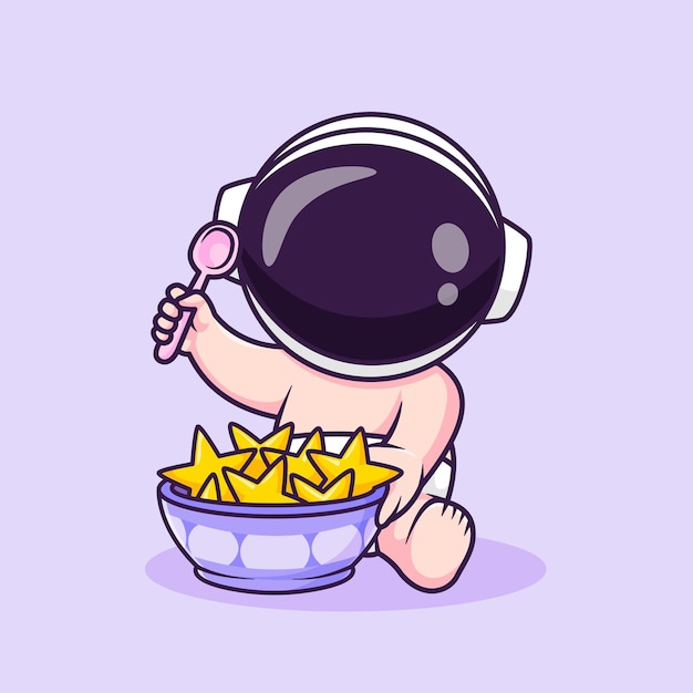 Free vector cute baby astronaut eating star in bowl with spoon cartoon vector icon illustration science food