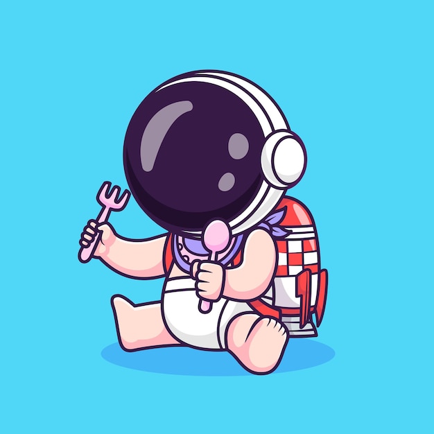 Free Vector cute baby astronaut holding fork and spoon with rocket bag cartoon vector icon illustration science