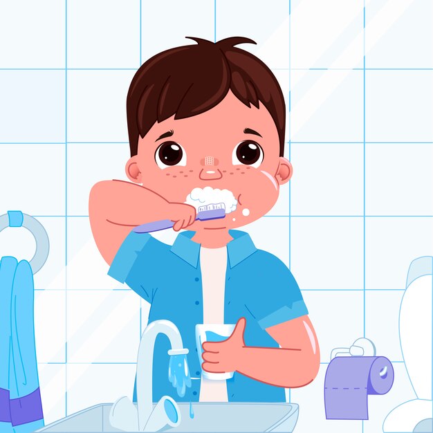 Free Vector cute baby boy brushing her teeth in the morning. daily routine. dental hygiene.