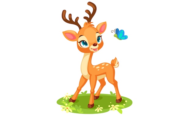 Cute baby deer looking at butterfly