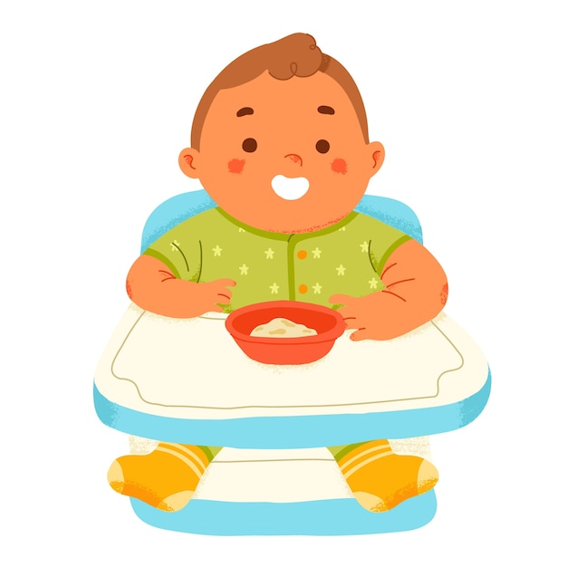 Cute baby eat complementary feeding puree in highchair