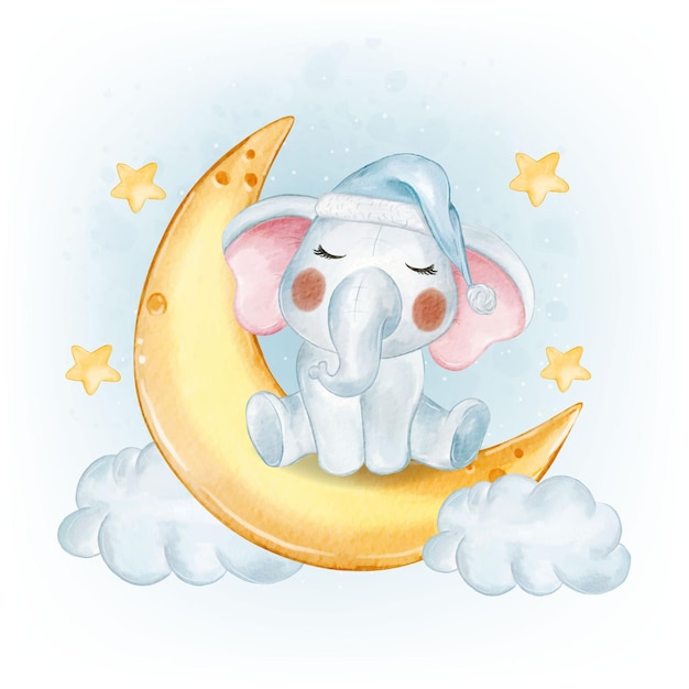 Free vector cute baby elephant on the crescent moon watercolor