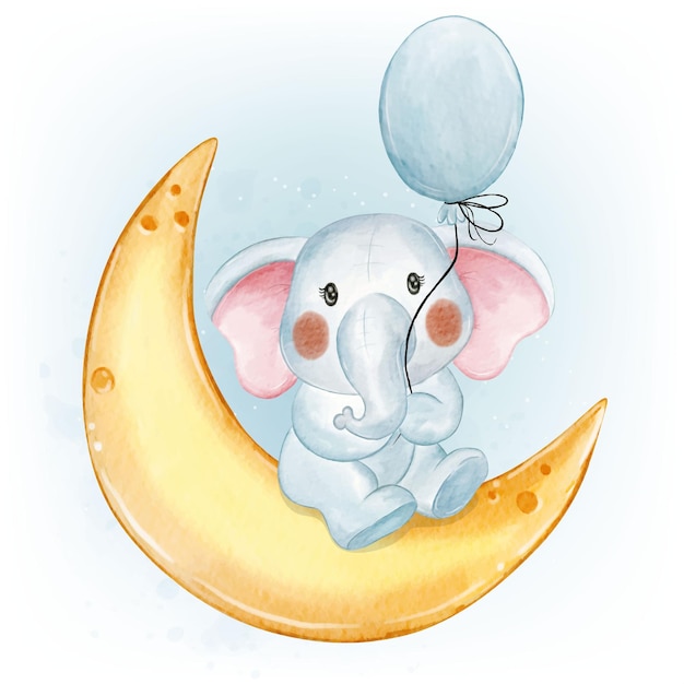 Free vector cute baby elephant holding balloon crescent moon watercolor