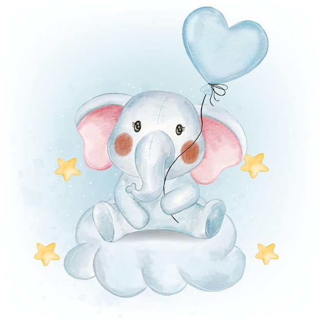 Free Vector cute baby elephant holding heart shape balloon watercolor