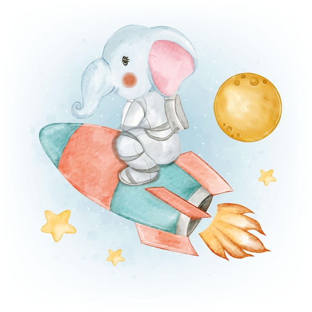 Free Vector cute baby elephant pilot on a spacecraft watercolor illustration