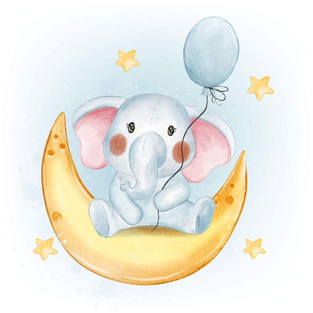 Cute Baby Elephant with Balloon on the Crescent Watercolor