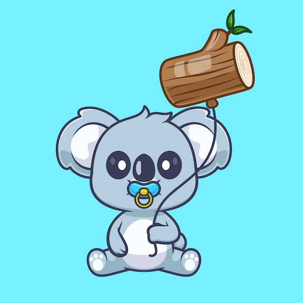 Free Vector cute baby koala holding branch wood balloon cartoon vector icon illustration animal nature isolated