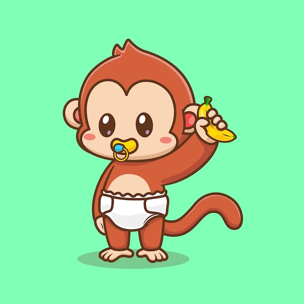 Free Vector cute baby monkey holding banana with diaper and pacifier cartoon vector icon illustration. animal