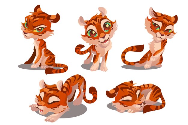 Cute baby tiger character with different emotions