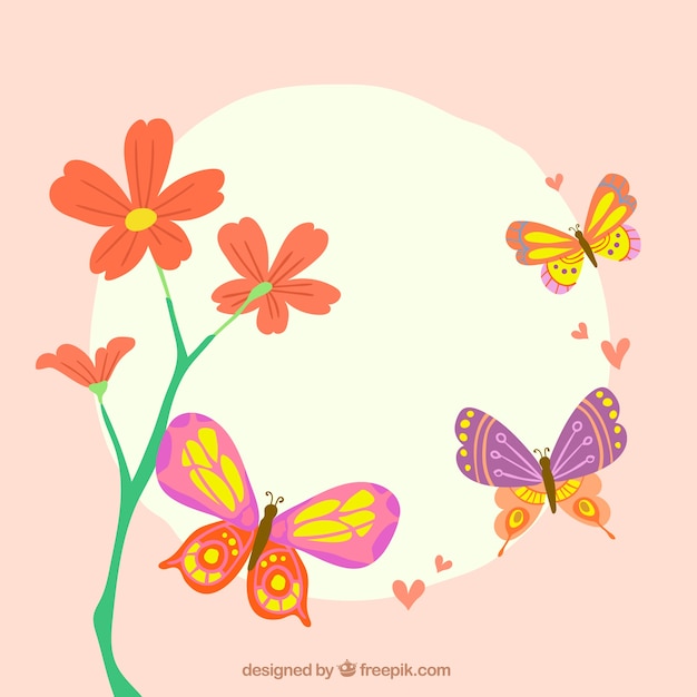 Cute background with flower and butterflies flying