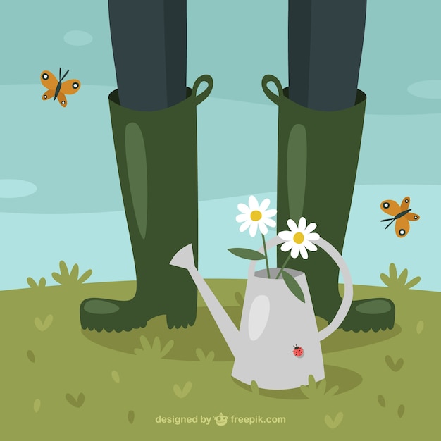 Cute background with watering can, insects and a person's legs 