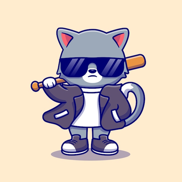 Cute Bad Cat Wearing Suit And Sunglasses With Baseball Bat Cartoon Icon Illustration. Animal Fashion Icon Concept Isolated  . Flat Cartoon Style