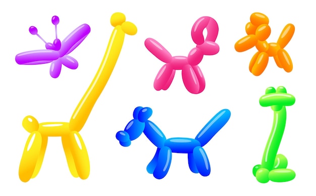 Free vector cute balloon toys in shape of animals vector illustrations set. collection of prints with dog and butterfly made from latex balloons for party on white background. celebration, entertainment concept