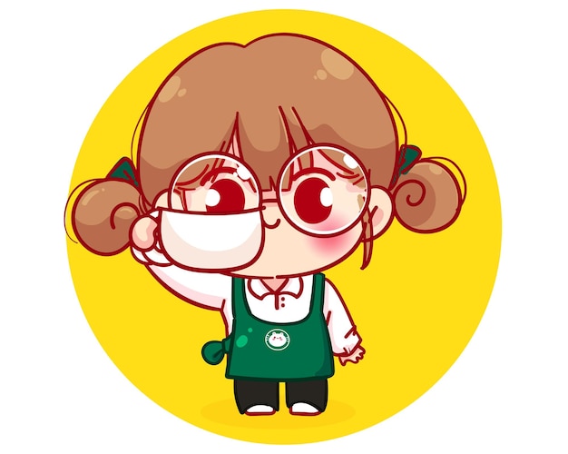 Cute Barista in apron holding a coffee cup cartoon character illustration