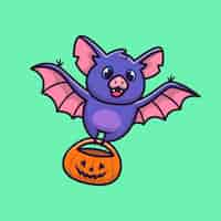 Free vector cute bat with pumpkin halloween cartoon   icon illustration. animal halloween icon concept isolated  . flat cartoon style