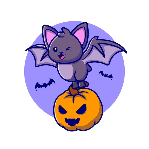 Free Vector cute bat with pumpkin halloween cartoon icon illustration.