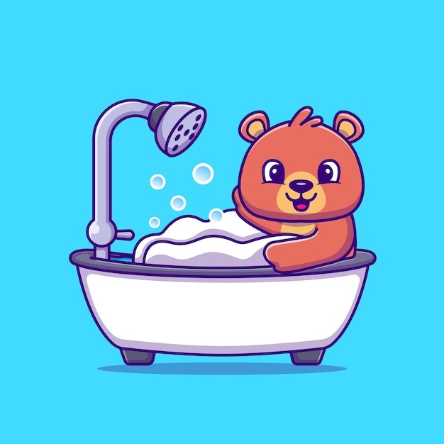 Cute Bear Bathing Shower In Bathtub Cartoon Vector  Illustration. Animal Concept Isolated  Vector. Flat Cartoon Style